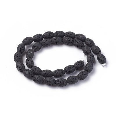 Natural Lava Stone Beads, Rice Shape, Black Color Lava Beads. Semi-Precious Lava Stone Beads for Jewelry Making.   Size: 9mm Diameter, 11mm Length, Hole: 2mm; approx. 31-33pcs/strand, 14.5" inches long.  Material:  Natural Porous Lava Stone Beads, Dyed Black Color Oval Beads.