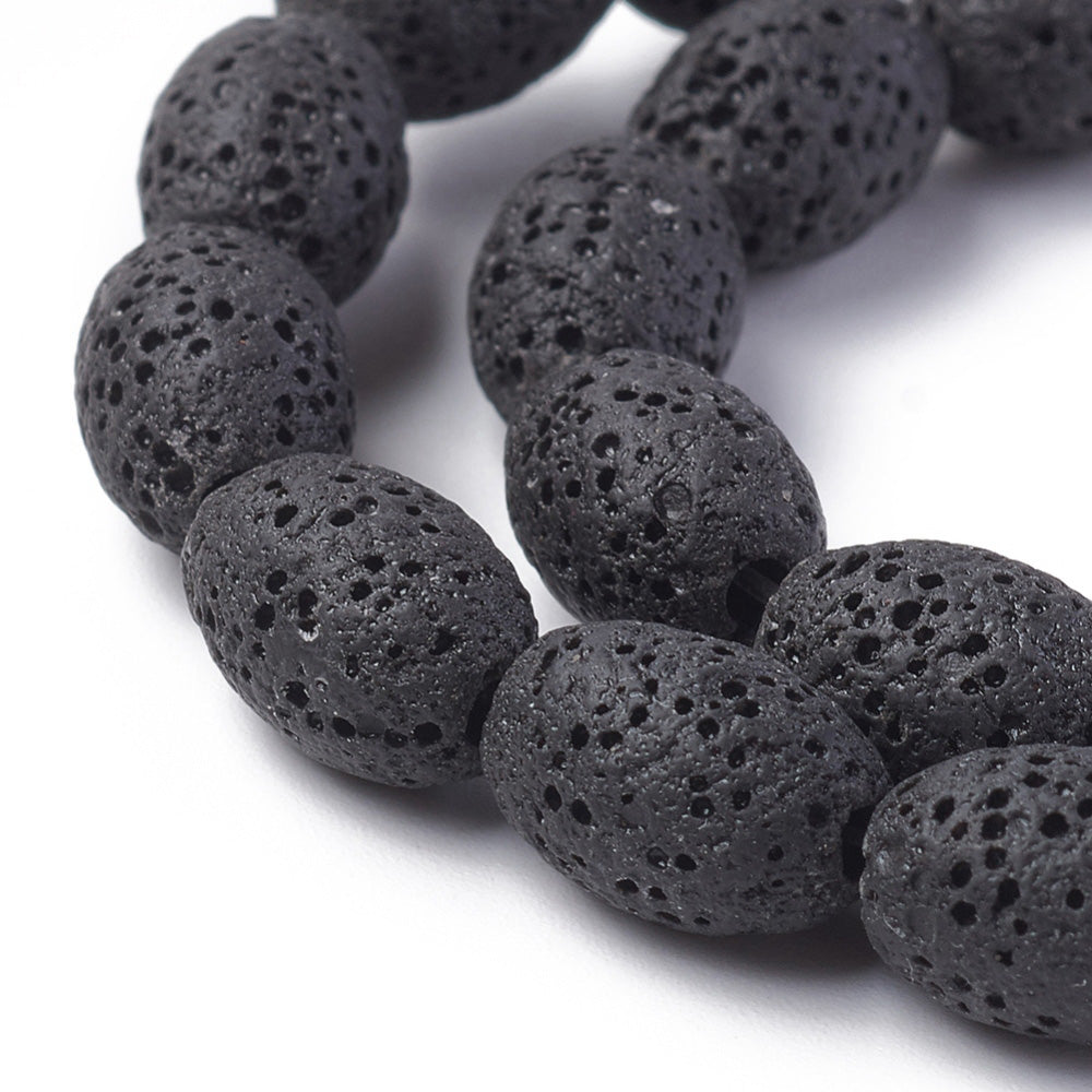 Natural Lava Stone Beads, Rice Shape, Black Color Lava Beads. Semi-Precious Lava Stone Beads for Jewelry Making.   Size: 9mm Diameter, 11mm Length, Hole: 2mm; approx. 31-33pcs/strand, 14.5" inches long.  Material:  Natural Porous Lava Stone Beads, Dyed Black Color Oval Beads.