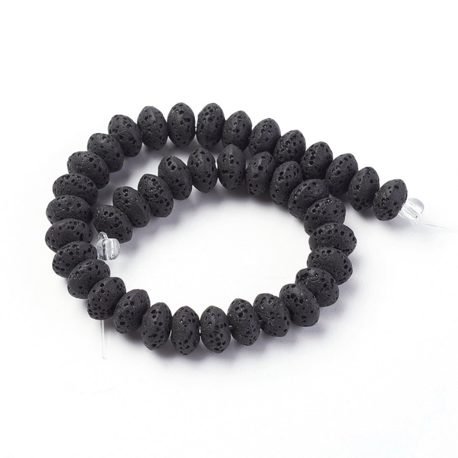 Natural Lava Rock Beads, Rondelle, Black Color. Semi-Precious Rondelle Shape Lava Beads.  Size: 9mm Diameter, 5mm Thick, Hole: 2mm; approx. 35-37pcs/strand, 7.5" Inches Long.  Material: Natural Lav Rock Semi Precious stone beads, Dyed Black Color. Porous Texture.