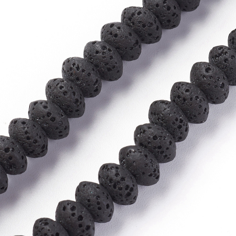 Natural Lava Rock Beads, Rondelle, Black Color. Semi-Precious Rondelle Shape Lava Beads.  Size: 9mm Diameter, 5mm Thick, Hole: 2mm; approx. 35-37pcs/strand, 7.5" Inches Long.  Material: Natural Lav Rock Semi Precious stone beads, Dyed Black Color. Porous Texture.