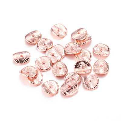 Wavy Arched Disc Spacer Beads, Rose Gold Jewelry Findings for DIY Jewelry Making Projects.   Size: 9mm Wide, 1mm Thick, Hole: 1mm, approx. 25pcs/bag.   Material: Rose Gold Coated Alloy, (Nickel and Cadmium free) Shinny Finish. 