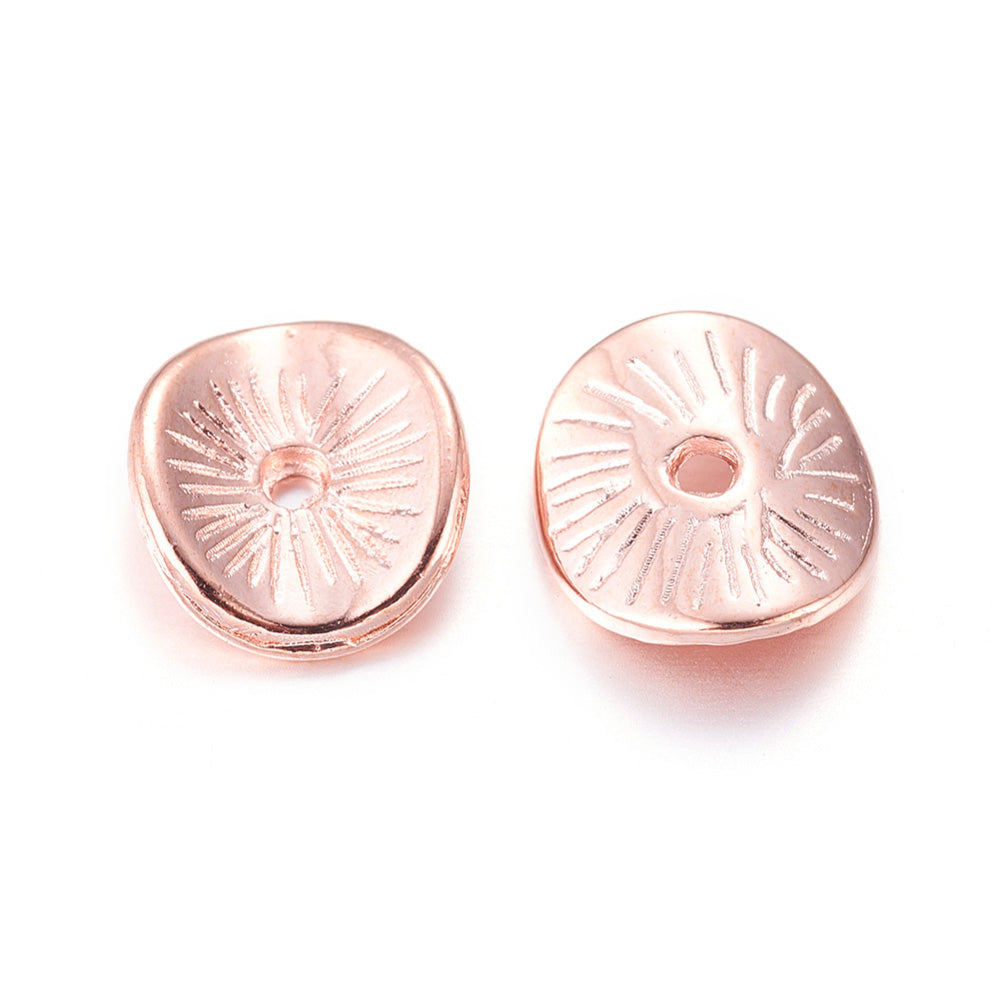 Wavy Arched Disc Spacer Beads, Rose Gold Jewelry Findings for DIY Jewelry Making Projects.   Size: 9mm Wide, 1mm Thick, Hole: 1mm, approx. 25pcs/bag.   Material: Rose Gold Coated Alloy, (Nickel and Cadmium free) Shinny Finish. 