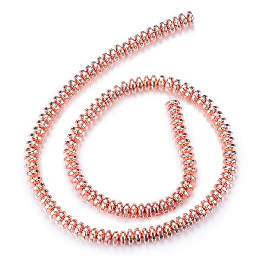 Electroplated Non-Magnetic Synthetic Hematite Beads, Rose Gold Color. Semi-Precious Stone Spacer Beads for Jewelry Making.   Size: 4mm Wide, 2mm Thick, Hole: 0.8mm, approx. 175pcs/strand, 15.5" Inches Long.  Material: Non-Magnetic Synthetic Hematite Beads. Rose Gold Color Plated. Rondelle Shape. Polished, Shinny Metallic Lustrous Finish.