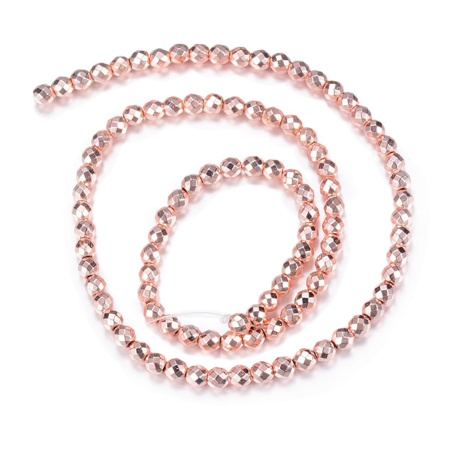 Electroplated Non-Magnetic Synthetic Hematite Beads, Rose Gold Color. Semi-Precious Stone Spacer Beads for Jewelry Making.   Size: 4mm Diameter, Hole: 1mm, approx. 98pcs/strand, 15.5" Inches Long.  Material: Non-Magnetic Synthetic Hematite Beads. Rose Gold Color Plated. Faceted, Round Spacer Beads. Polished, Shinny Metallic Lustrous Finish.