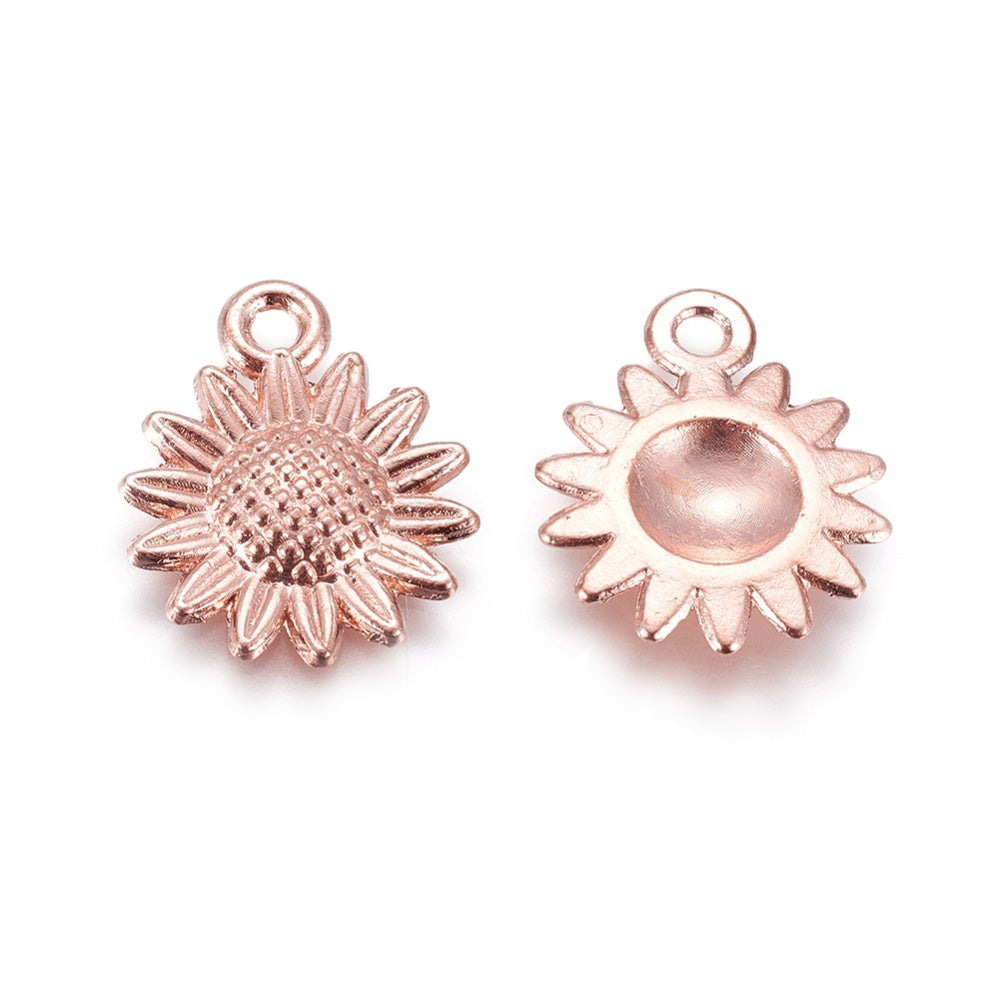 Rose Gold Sunflower Charms, Alloy Charm Pendants, 18x15mm, Qty: 10pcs/bag