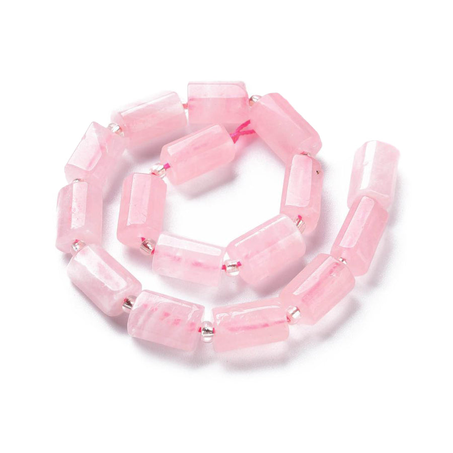 Natural Rose Quartz Beads, Faceted Column Shaped Beads, Light Pink Color. Semi-precious Pink Quartz Gemstone Beads for DIY Jewelry Making.    Size: 8-11mm Length, 6-8mm Width, 5-7mm Thick, Hole: 1mm, approx. 15-17pcs/strand, 7" inches long.  Material: Natural Rose Quartz Faceted Column Beads, Pink Color. Polished Finish.