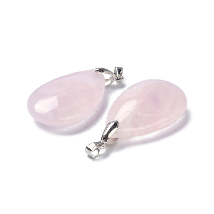 Natural Rose Quartz Teardrop Pendants, Pink Color. Semi-precious Gemstone Pendant for DIY Jewelry Making. Gorgeous Centre piece for Necklaces.   Size: 35mm Length, 20mm Width, 7.5-9mm Thick, Hole: 4x3.5mm, 1pcs/package.  Material: Genuine Rose Quartz Stone Pendant, Platinum Toned Brass Findings. High Quality, Tear Drop Shaped Stone Pendants. Shinny, Polished Finish. 