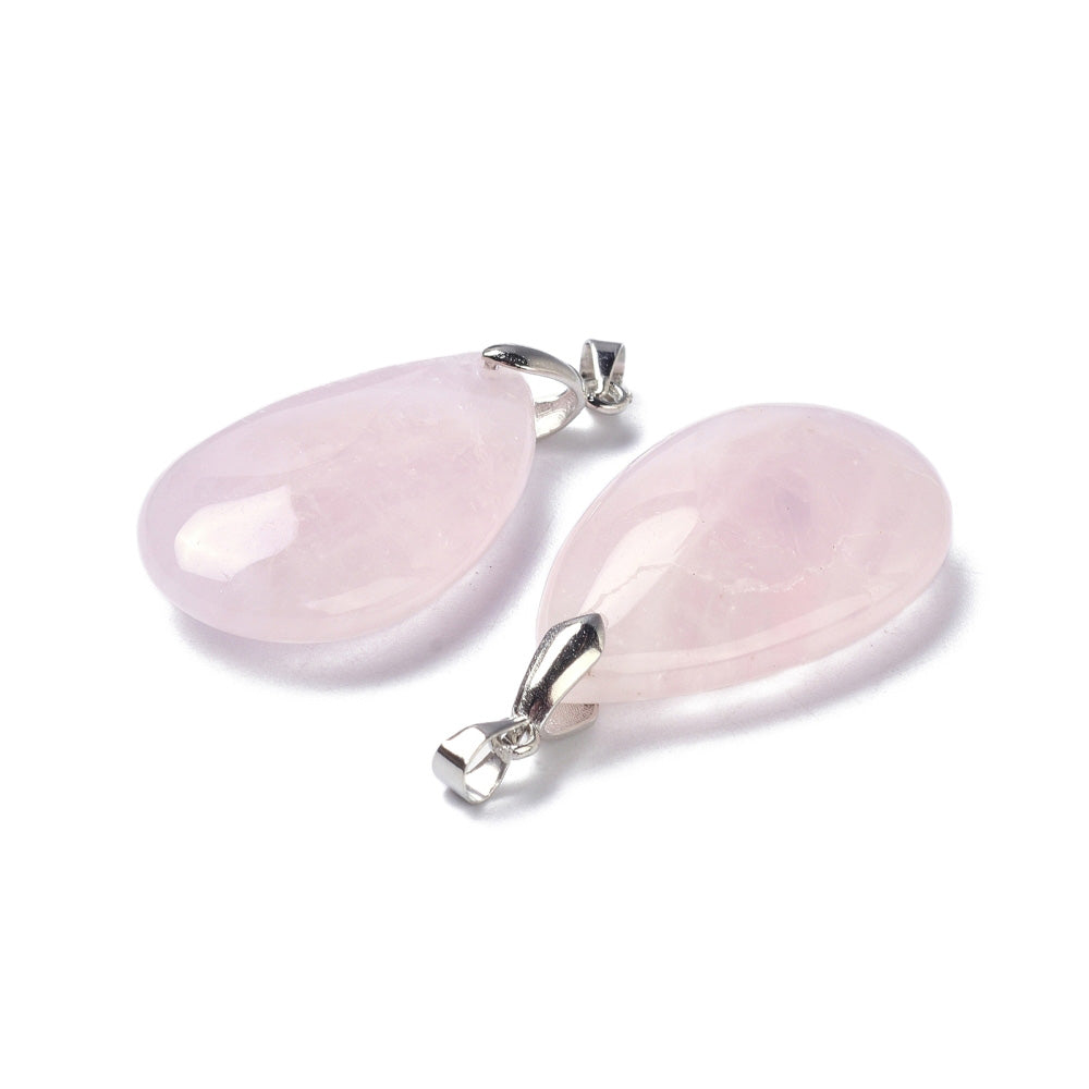 Natural Rose Quartz Teardrop Pendants, Pink Color. Semi-precious Gemstone Pendant for DIY Jewelry Making. Gorgeous Centre piece for Necklaces.   Size: 35mm Length, 20mm Width, 7.5-9mm Thick, Hole: 4x3.5mm, 1pcs/package.  Material: Genuine Rose Quartz Stone Pendant, Platinum Toned Brass Findings. High Quality, Tear Drop Shaped Stone Pendants. Shinny, Polished Finish. 