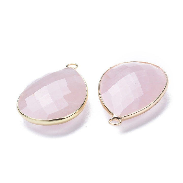 Natural Rose Quartz Faceted Teardrop Gemstone Pendants, Pink Color. Semi-precious Gemstone Pendant for DIY Jewelry Making. Gorgeous Centre piece for Necklaces.   Size: 28mm Length, 19-20mm Width, 7mm Thick, Hole: 1.2mm, Qty: 1pcs/package.  Material: Genuine Rose Quartz Stone Pendant, Light Gold Plated Brass Findings. Tear Drop Shaped Stone Pendants. Shinny, Polished Finish. 