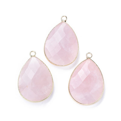 Natural Rose Quartz Faceted Teardrop Gemstone Pendants, Pink Color. Semi-precious Gemstone Pendant for DIY Jewelry Making. Gorgeous Centre piece for Necklaces.   Size: 28mm Length, 19-20mm Width, 7mm Thick, Hole: 1.2mm, Qty: 1pcs/package.  Material: Genuine Rose Quartz Stone Pendant, Light Gold Plated Brass Findings. Tear Drop Shaped Stone Pendants. Shinny, Polished Finish. 