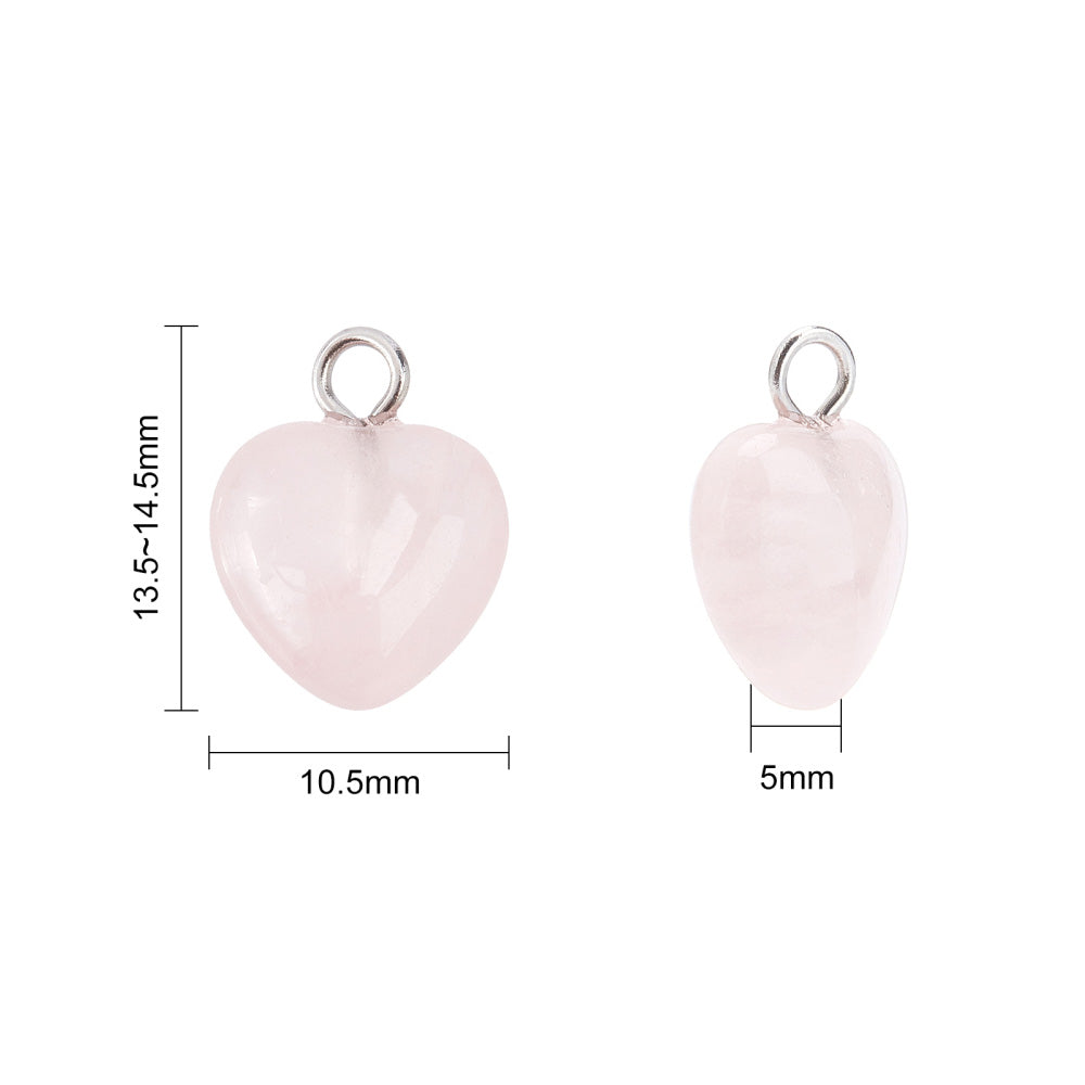Rose Quartz Heart Charms, Pale Pink Color with Platinum Brass Findings. Semi-precious Gemstone Pendant for DIY Jewelry Making.  Size: 13-14mm Length, 10-10.5mm Wide, 5mm Thick, Hole: 1.8mm, 1pcs/package.   Material: Natural Rose Quartz Stone Pendant, Platinum Toned Brass Findings. Heart Shaped Stone Pendants. Polished Finish. 
