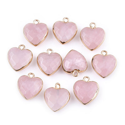 Rose Quartz Heart Charms, Pale Pink Color with Gold Plated Findings. Semi-precious Gemstone Pendant for DIY Jewelry Making.  Size: 16-17mm Length, 14-15mm Wide, 6-7mm Thick, Hole: 1.8mm, 1pcs/package.   Material: Genuine Natural Rose Quartz Stone Pendant, Gold Toned Findings. Heart Shaped Stone Pendants. Polished Finish. 