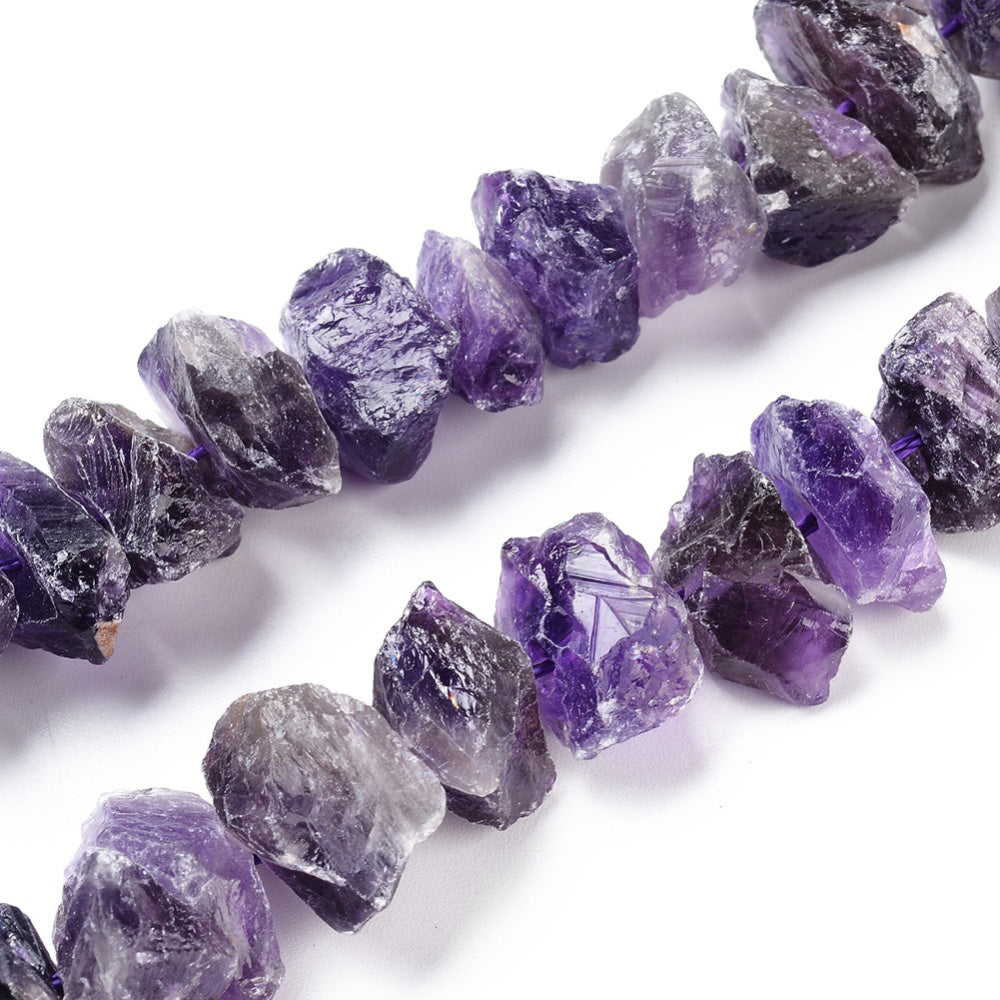 Natural Amethyst Rough Raw Stone Beads. Dark Purple Amethyst Nuggets, Natural Stone Beads for DIY Jewelry Making.  Size: approx. 13~20mm, Hole: 1.2mm; approx. 23 pcs/strand 7.5" Inches Long.  Material: Genuine Natural Amethyst Crystal Stone Beads, Nugget Size: 13-20mm. High Quality Crystal Chip Beads. Rough Raw Finish. 