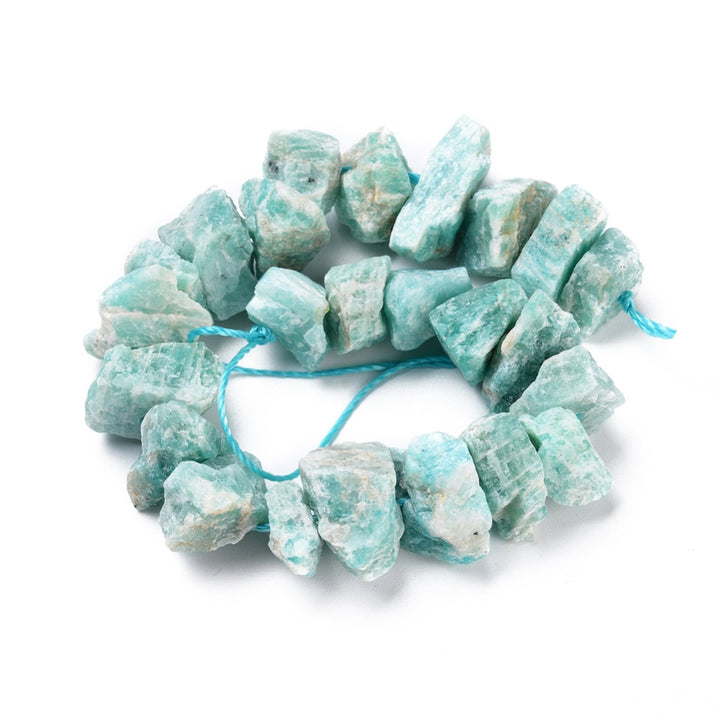 Natural Amazonite Rough Raw Stone Beads.  Amazonite Nuggets, Natural Stone Beads for DIY Jewelry Making.  Size: approx. 13-20x5-13mmmm, Hole: 1.2mm; approx. 23 pcs/strand 7.5" Inches Long.  Material: Genuine Natural Amazonite Stone Beads, Nugget Size: 13-20mm. Teal Blue Color. High Quality Crystal Beads. Rough Raw Finish. 