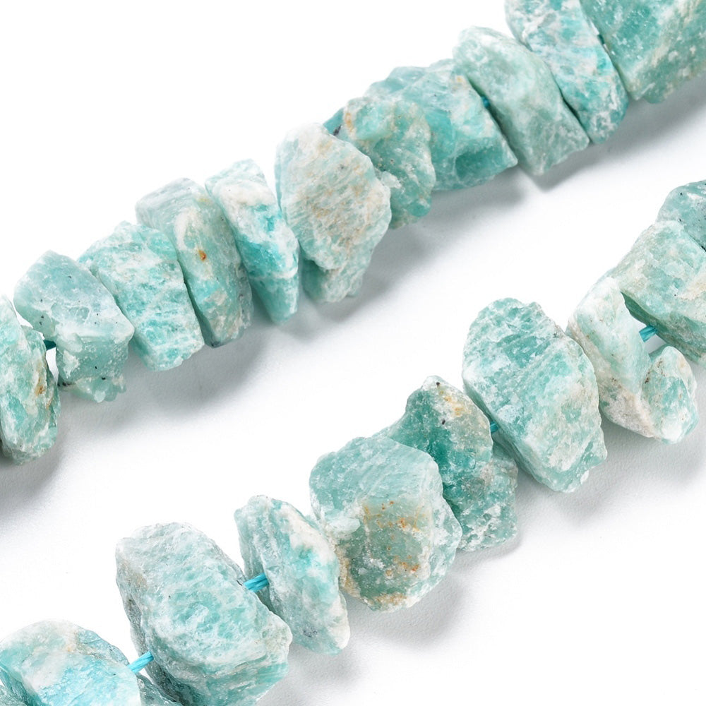 Natural Amazonite Rough Raw Stone Beads.  Amazonite Nuggets, Natural Stone Beads for DIY Jewelry Making.  Size: approx. 13-20x5-13mmmm, Hole: 1.2mm; approx. 23 pcs/strand 7.5" Inches Long.  Material: Genuine Natural Amazonite Stone Beads, Nugget Size: 13-20mm. Teal Blue Color. High Quality Crystal Beads. Rough Raw Finish. 