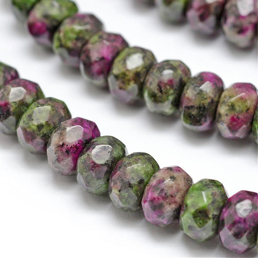 Natural Ruby in Zoisite Stone Beads, Faceted, Rondelle, Green/Magenta Red Color. Semi-Precious Gemstone Beads for DIY Jewelry Making.   Size: 8mm Diameter, 5mm Width, Hole: 1mm; approx. 72pcs/strand, 15" Inches Long.  Material: Natural Ruby in Zoisite Stone Beads. Dyed Deep Green Color with Magenta Red Markings. Shinny, Polished Finish. 