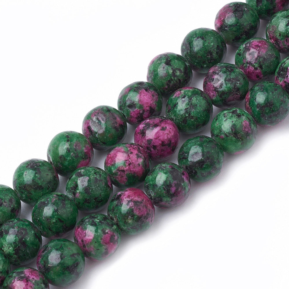 Synthetic Ruby in Zoisite Stone Beads, Round, Green/Magenta Red Color. Semi-Precious Gemstone Beads for DIY Jewelry Making. Great for Mala Bracelets.   Size: 10mm Diameter, Hole: 1mm; approx. 40pcs/strand, 15" Inches Long  Material: Imitation Ruby in Zoisite Stone Beads. Deep Green Color with Magenta Red Markings. Shinny, Polished Finish.