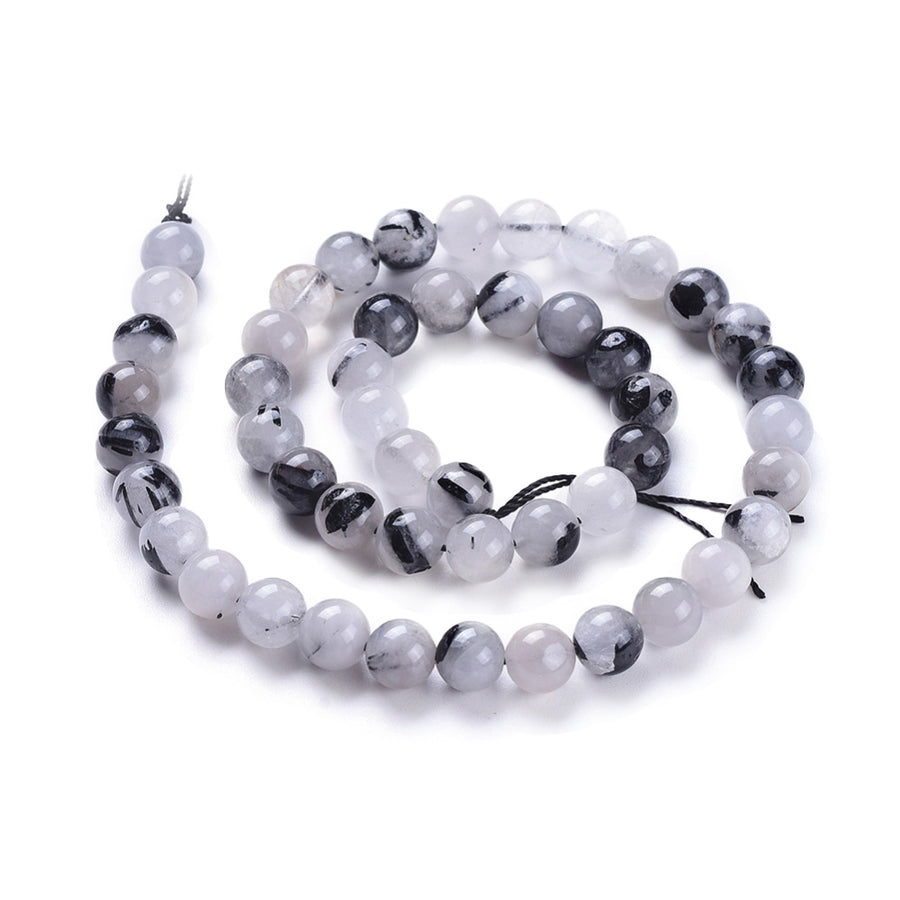 Natural Rutilated Quartz, Black Rutilated Quartz Beads, Round, White and Black Color. Semi-precious Rutilated Quartz Gemstone Beads for DIY Jewelry Making.    Size: 8mm Diameter, Hole: 1mm, approx. 48pcs/strand, 15.5 inches long.  Material: Genuine Natural Rutilated Quartz Beads, Round, Loose Stone Beads. Pale White Color with Black Markings. Polished, Shinny Finish.