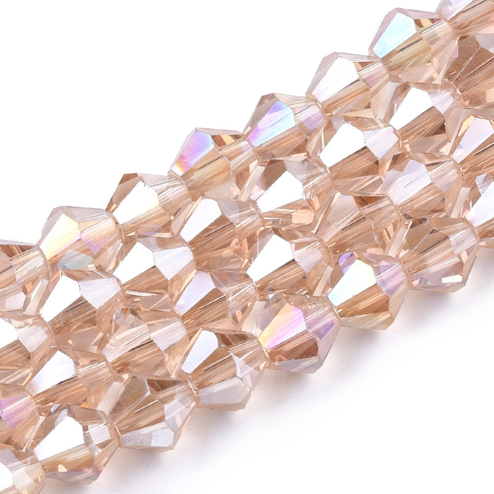 Electroplated Glass Crystal Beads, Faceted, Salmon Beige Color, Bicone, AB Color plated Crystal Beads for Jewelry Making.  Size: 6mm Length, 6mm Width, Hole: 1mm; approx. 47-49pcs/strand, 10" inches long.  Material: The Beads are Made from Glass. Austrian Crystal Imitation Electroplated Glass Crystal Beads, Bicone, Champagne Beige Colored Beads. Polished, Shinny Finish. 