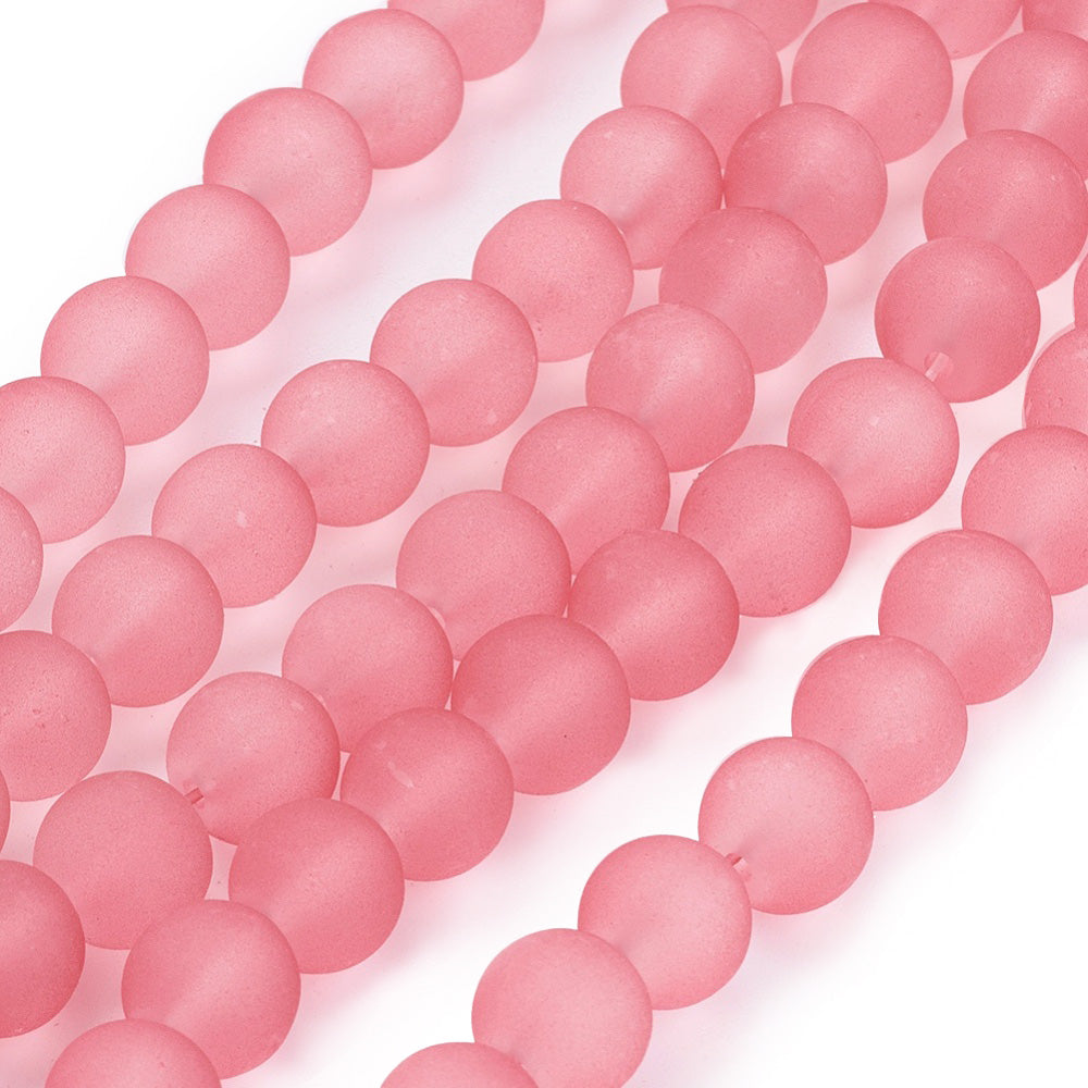 Frosted Glass Beads, Round, Salmon Pink Color. Matte Glass Bead Strands for DIY Jewelry Making. Affordable, Colorful Frosted Beads. Great for Stretch Bracelets.  Size: 6mm Diameter Hole: 1mm; approx. 125pcs/strand, 31" Inches Long.  Material: The Beads are Made from Glass. Frosted Glass Beads, Salmon Pink Colored Beads. Unpolished, Matte Finish.