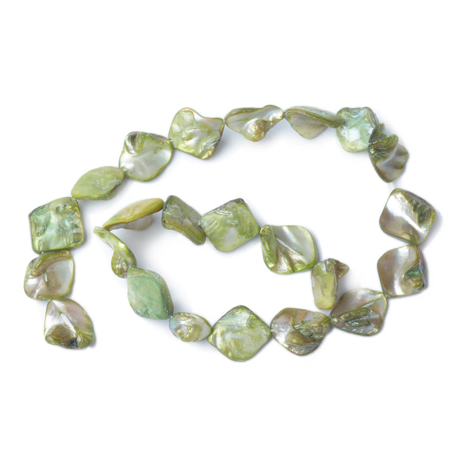 Sea Shell Beads, Irregular Shape, Green Color. Freshwater Shell Beads for Jewelry Making. Affordable High Quality Beads for Jewelry Making.  Size: 14-23mm Long, 18-20 Wide, Hole: 1mm; approx. 20 pcs/strand, 15" inches long.  Material: The Beads are Natural Sea Shell Beads, Irregular Shape, Green color. Shinny Finish.