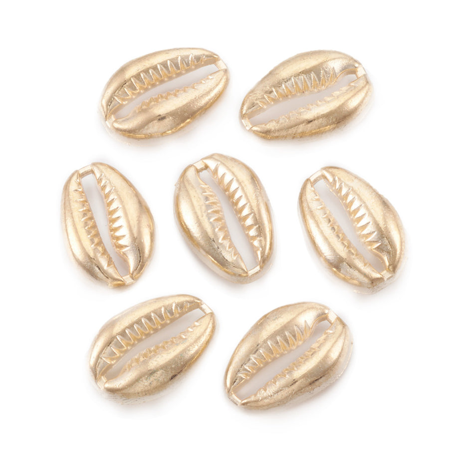Light Gold Alloy Sea Snail Spacer Beads. Gold Shell Spacers for DIY Jewelry Making Projects.   Size: 16mm Length, 11mm Width, 3.5mm Thick, Hole: 1.5mm, approx. 5pcs/package.   Material: Light Gold Alloy Spacer Beads, Focal Bead. Link Spacers, Link Connector.