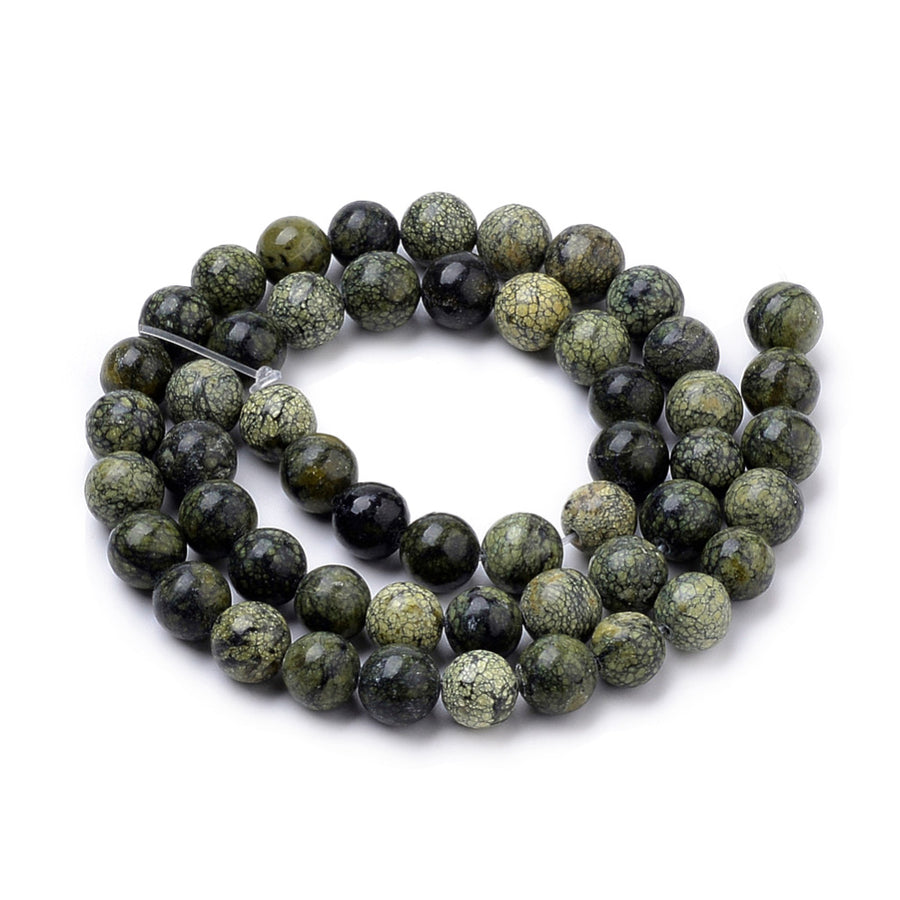 Serpentine Beads, Natural Green Lace Semi-Precious Stone Beads.  Size: 10mm Diameter, Hole: 1mm; approx. 38-40pcs/strand, 14.5" Inches Long.  Material: Natural Serpentine Green Lace Stone Beads. Round, Green Color, Polished, Shinny Finish.