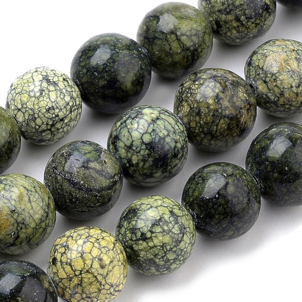 Serpentine Beads, Natural Green Lace Semi-Precious Stone Beads.  Size: 10mm Diameter, Hole: 1mm; approx. 38-40pcs/strand, 14.5" Inches Long.  Material: Natural Serpentine Green Lace Stone Beads. Round, Green Color, Polished, Shinny Finish.