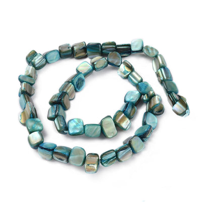 Shell Beads, Flat Round Shape, Cyan Color Plated. Freshwater Shell Beads for Jewelry Making. Affordable High Quality Beads for Jewelry Making.  Size: 8-17.5mm Long,  5-8mm Wide, 5mm Thick, Hole: 1mm; approx. 38 pcs/strand, 15" inches long.  Material: The Beads are Natural Shell Beads, Flat Square Shaped, Dyed Cyan. Shinny Finish.