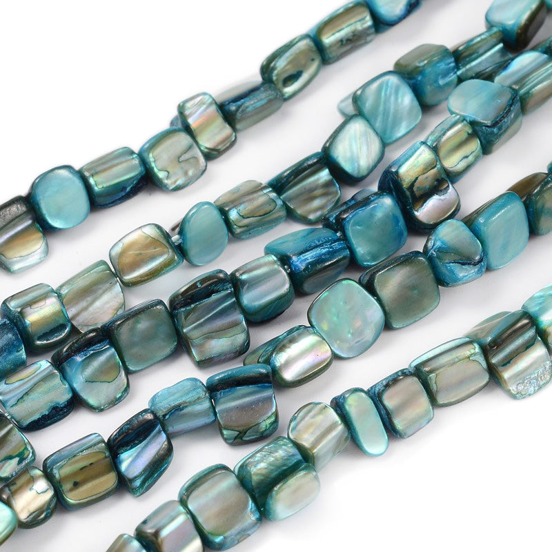 Shell Beads, Flat Round Shape, Cyan Color Plated. Freshwater Shell Beads for Jewelry Making. Affordable High Quality Beads for Jewelry Making.  Size: 8-17.5mm Long,  5-8mm Wide, 5mm Thick, Hole: 1mm; approx. 38 pcs/strand, 15" inches long.  Material: The Beads are Natural Shell Beads, Flat Square Shaped, Dyed Cyan. Shinny Finish.