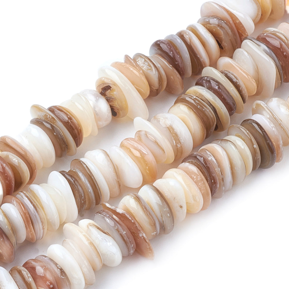 Freshwater Shell Beads, Oval Chips Shape, Tan Color. Freshwater Shell Beads for Jewelry Making. Affordable High Quality Beads for Jewelry Making.  Size: 6-11mm Long, 6-8 Wide, 2-4mm Thick, Hole: 0.5mm; approx. 275 pcs/ strand, 31.5" inches long.  Material: The Beads are Natural Freshwater Shell Beads, Oval Chip Shaped,  Light Beige/ Tan color. Shinny Finish.