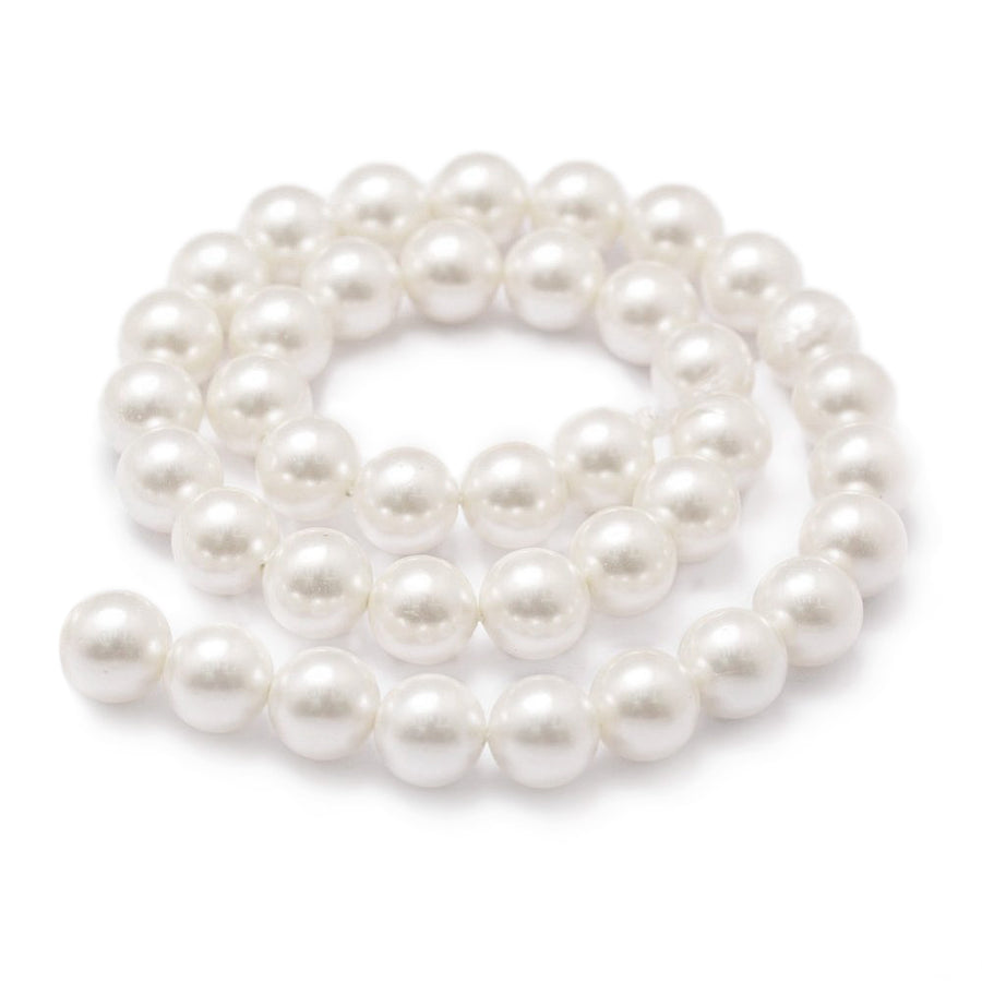 Shell Pearl Beads, Round, Floral White Color. High Quality Pearl Beads for Jewelry Making.  Size: 8mm Diameter, Hole: 1mm; approx. 50pcs/strand, 16 inches long.  Material: Premium Grade Shell Pearl Beads. Round, Floral White Color Loose Pearl Beads. Polished, Shinny Finish.