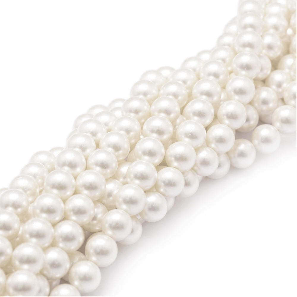 Shell Pearl Beads, Round, Floral White Color. High Quality Pearl Beads for Jewelry Making.  Size: 8mm Diameter, Hole: 1mm; approx. 50pcs/strand, 16 inches long.  Material: Premium Grade Shell Pearl Beads. Round, Floral White Color Loose Pearl Beads. Polished, Shinny Finish.