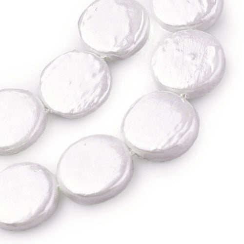 Shell Pearl Beads, Flat Round. Snow White Color Coin Pearl Beads for Jewelry Making.   Size: 9.8-11mm Diameter, 2-3mm Thick, Hole: 0.5mm; 36-40pcs/strand, 15" inches long.  Material: Shell Pearl Beads, Flat Round Shaped, Seashell Snow White Color Shinny Finish.