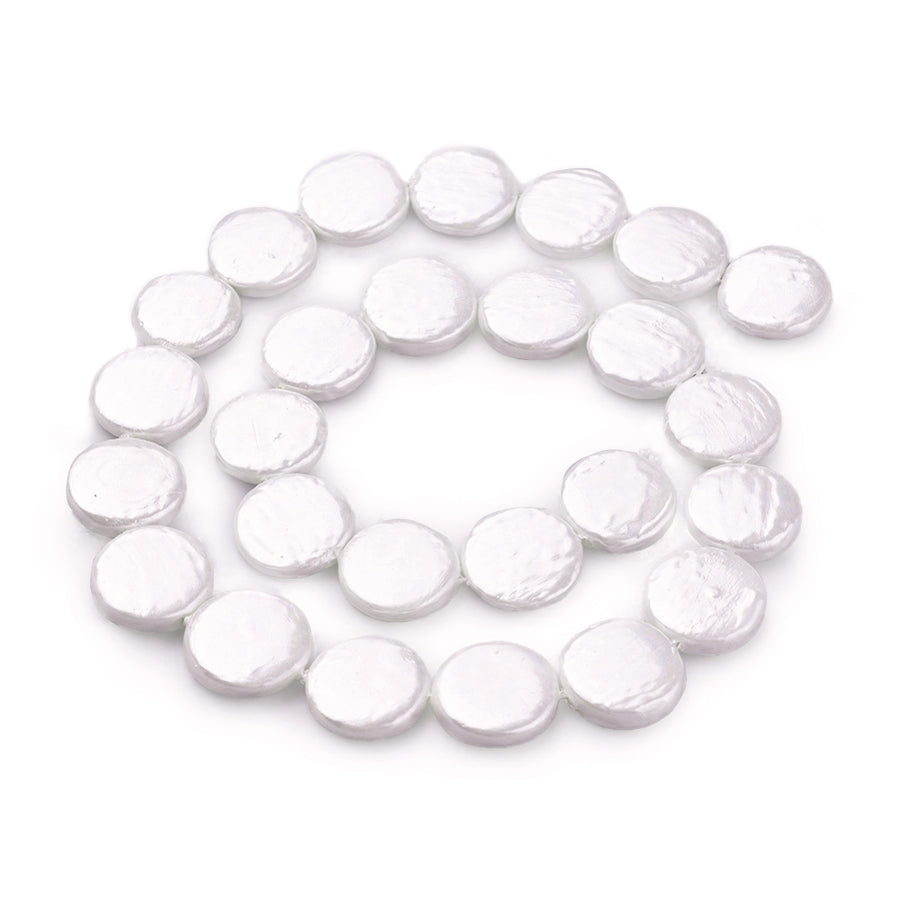 Shell Pearl Beads, Flat Round. Seashell Color Coin Shell Pearl Beads for Jewelry Making.   Size: 7.5-8mm Diameter, 2-3mm Thick, Hole: 0.5mm; 42-48 pcs/strand, 15" inches long.  Material: Shell Pearl Beads, Flat Round Shaped, Snow White Color Shinny Finish.