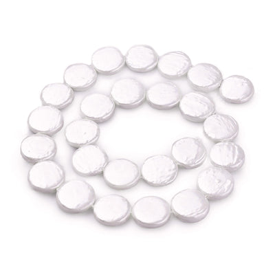 Shell Pearl Beads, Flat Round. Snow White Color Coin Pearl Beads for Jewelry Making.   Size: 9.8-11mm Diameter, 2-3mm Thick, Hole: 0.5mm; 36-40pcs/strand, 15" inches long.  Material: Shell Pearl Beads, Flat Round Shaped, Seashell Snow White Color Shinny Finish.