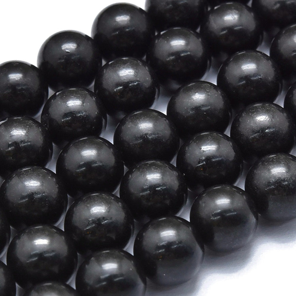 Natural Shungite Beads, Black Color. Semi-Precious Gemstone Beads for DIY Jewelry Making.   Size: 6-6.5mm Diameter, Hole: 0.6mm; approx. 60 pcs/strand, 15" Inches Long.  Material: Genuine Shungite Beads. Black Color. Polished, Shinny Finish.