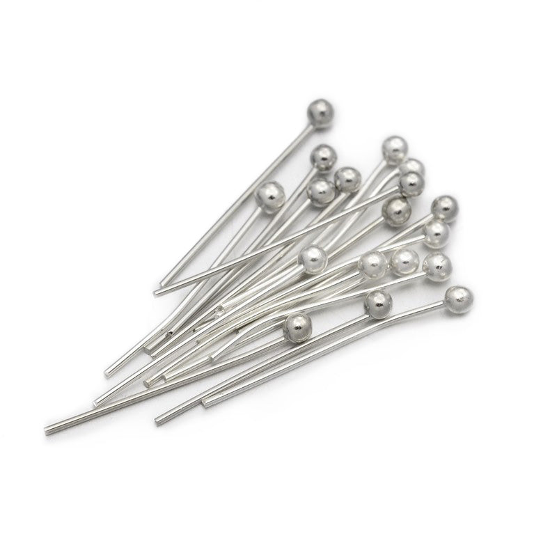 Brass Ball Head Pins for DIY Jewelry Making. Platinum Silver Color Ball Head Pins.  Size: 30mm Length, 0.5mm Diameter, Head Pin: 2mm, approx. 100 pcs, 10 gram/package.  Material: Brass Ball Head Pin, 24 Gauge, Platinum Silver Color.  Usage: These Pins are used to secure and/or connect beads to each other in your desired design.