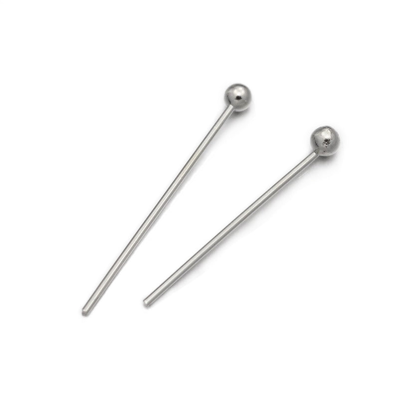 Brass Ball Head Pins for DIY Jewelry Making. Platinum Silver Color Ball Head Pins.  Size: 30mm Length, 0.5mm Diameter, Head Pin: 2mm, approx. 100 pcs, 10 gram/package.  Material: Brass Ball Head Pin, 24 Gauge, Platinum Silver Color.  Usage: These Pins are used to secure and/or connect beads to each other in your desired design.