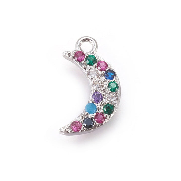 Brass Micro Pave Cubic Zirconia Moon Charm Beads. Platinum Color Charm with Multi-Color Cubic Zirconia for DIY Jewelry Making. Charms for Bracelet and Necklace Making. www.beadlot.com