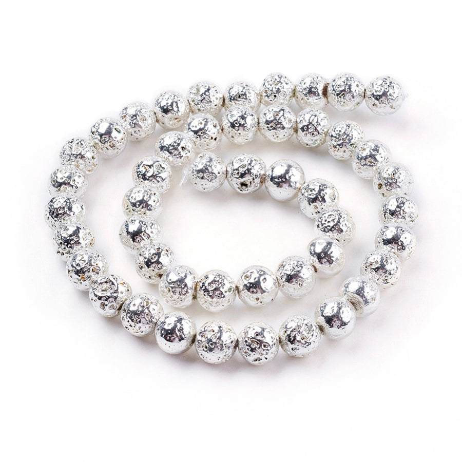 Electroplated Natural Lava Rock Bead Strands, Round, Bumpy, Silver Color. Silver Electroplated Lava Beads for DIY Jewelry Making. Perfect Accent Piece for Bracelets. Size: 8~8.5mm in diameter, hole: 1mm; approx. 47pcs/strand, 15.35 inches long. www.beadlot.com