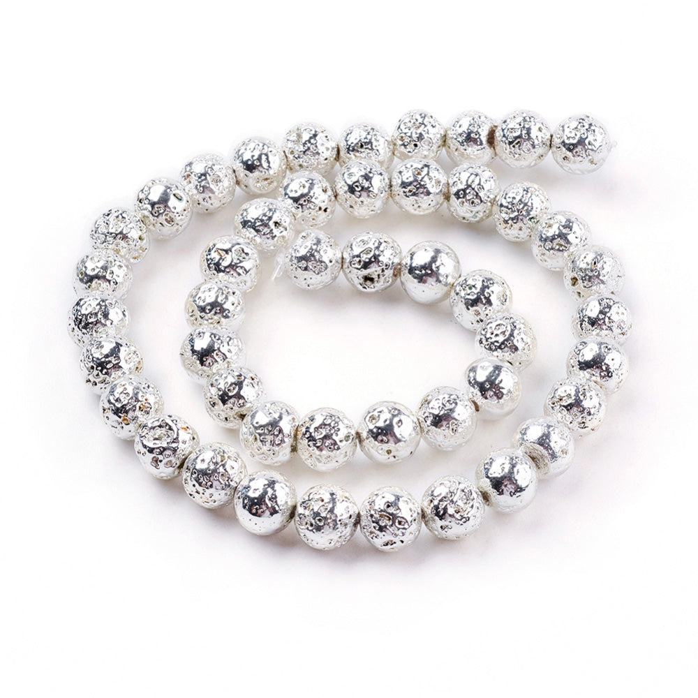 Electroplated Natural Lava Rock Bead Strands, Round, Bumpy, Silver Color. Silver Electroplated Lava Beads for DIY Jewelry Making. Perfect Accent Piece for Bracelets. Size: 10-10.5mm in diameter, hole: 1.5mm; approx. 39pcs/strand, 15.35 inches long. www.beadlot.com