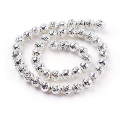 Electroplated Natural Lava Rock Bead Strands, Round, Bumpy, Silver Color. Silver Electroplated Lava Beads for DIY Jewelry Making. Perfect Accent Piece for Bracelets. Size: 10-10.5mm in diameter, hole: 1.5mm; approx. 39pcs/strand, 15.35 inches long. www.beadlot.com