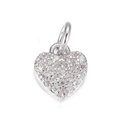 Brass Micro Pave Cubic Zirconia Heart Charm Beads. Silver Color Heart Charm with Clear Cubic Zirconia for DIY Jewelry Making. Charms for Bracelet and Necklace Making. www.beadlot.com