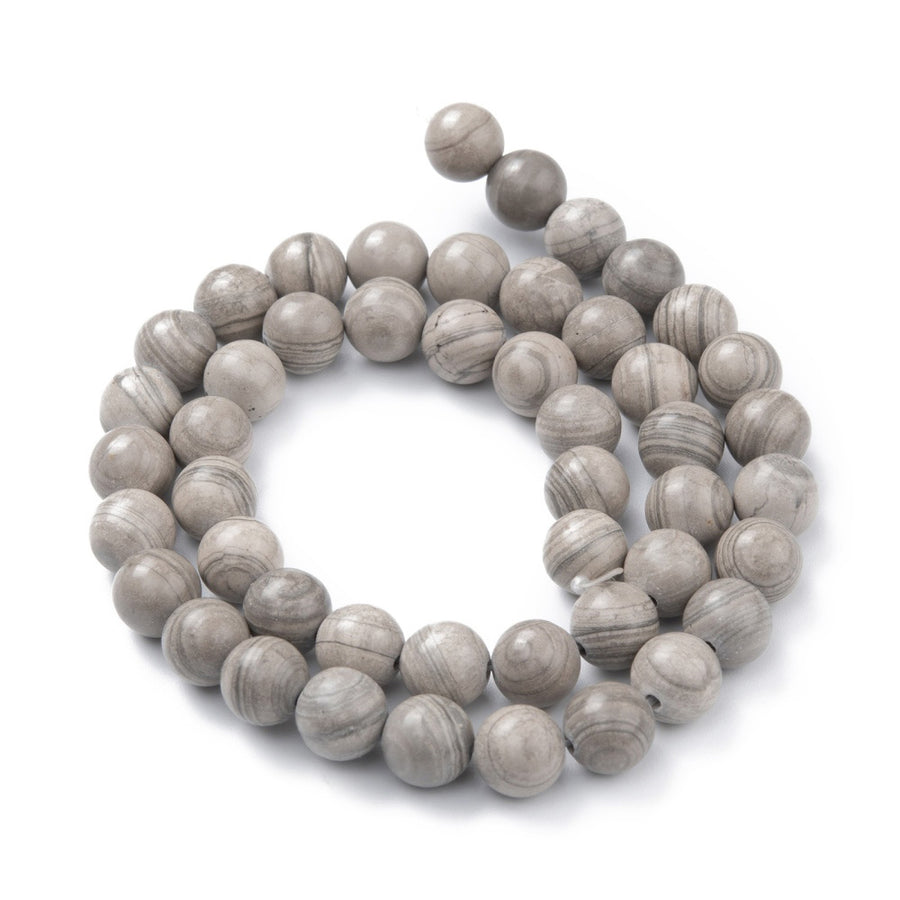 Silver Line Jasper Beads Strands, Round, Silver Grey Color. Gray Semi-precious Gemstone Beads for DIY Jewelry Making.  Size: 8mm Diameter, Hole: 1.2mm, approx. 45pcs/strand, 15" Inches Long.   Wide Usage: Silver Line Jasper Beads are Suitable for Necklaces, Earrings, Bracelets, and other Creative Projects.  Great Addition to Your Bead Collection.