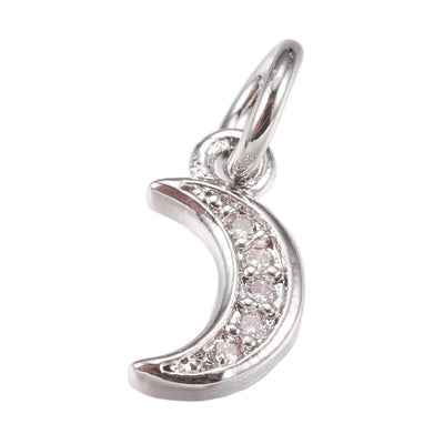 Brass Micro Pave Cubic Zirconia Moon Charm Beads, Platinum Color Heart Charm with Clear Cubic Zirconia for DIY Jewelry Making. Charms for Bracelet and Necklace Making.  Size: 9mm Length, 5mm Width, 1mm Thick, Hole: 3.5mm, Quantity: 1pcs/package.