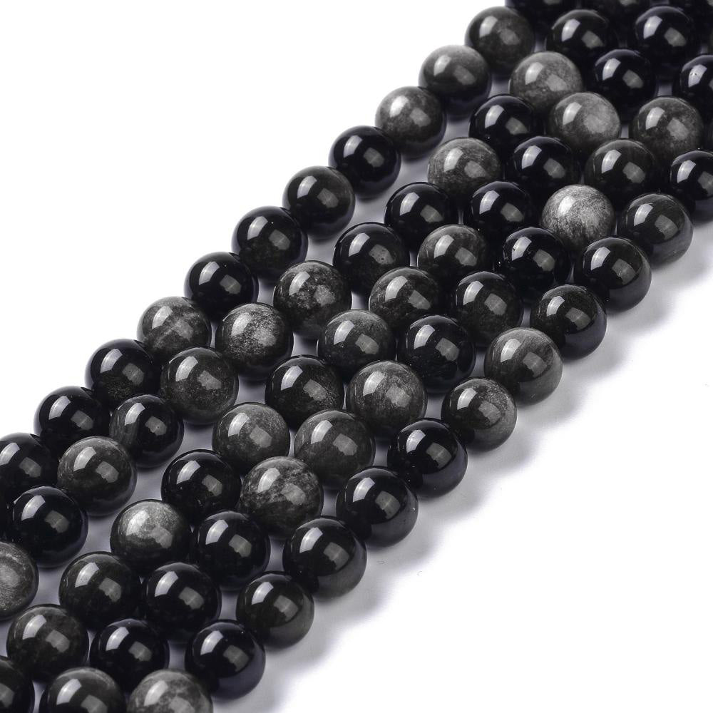 Silver Obsidian Beads, Black Color with Silver Markings. Semi-precious Gemstone Beads for DIY Jewelry Making.   Size: 6mm Diameter, Hole: 1mm approx. 62pcs/strand, 15 Inches Long.  Material: Genuine Natural Silver Obsidian Stone Beads, Black Color with Silver Markings.  Shinny, Polished Finish. 
