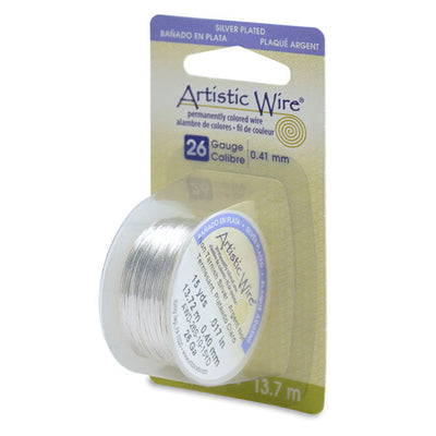Tarnish Resistant Silver. Silver Plated Copper Craft Wire for DIY Jewelry Making and Wire Wrapping Projects.  Size: 26 Gauge (0.41mm) Silver Plated Copper Craft Wire, 15 yd/13.7m Length.  Color: Tarnish Resistant Silver  Material: Silver Plated Copper Wire, Silver Color. Tarnish Resistant.  Brand: Artistic Wire