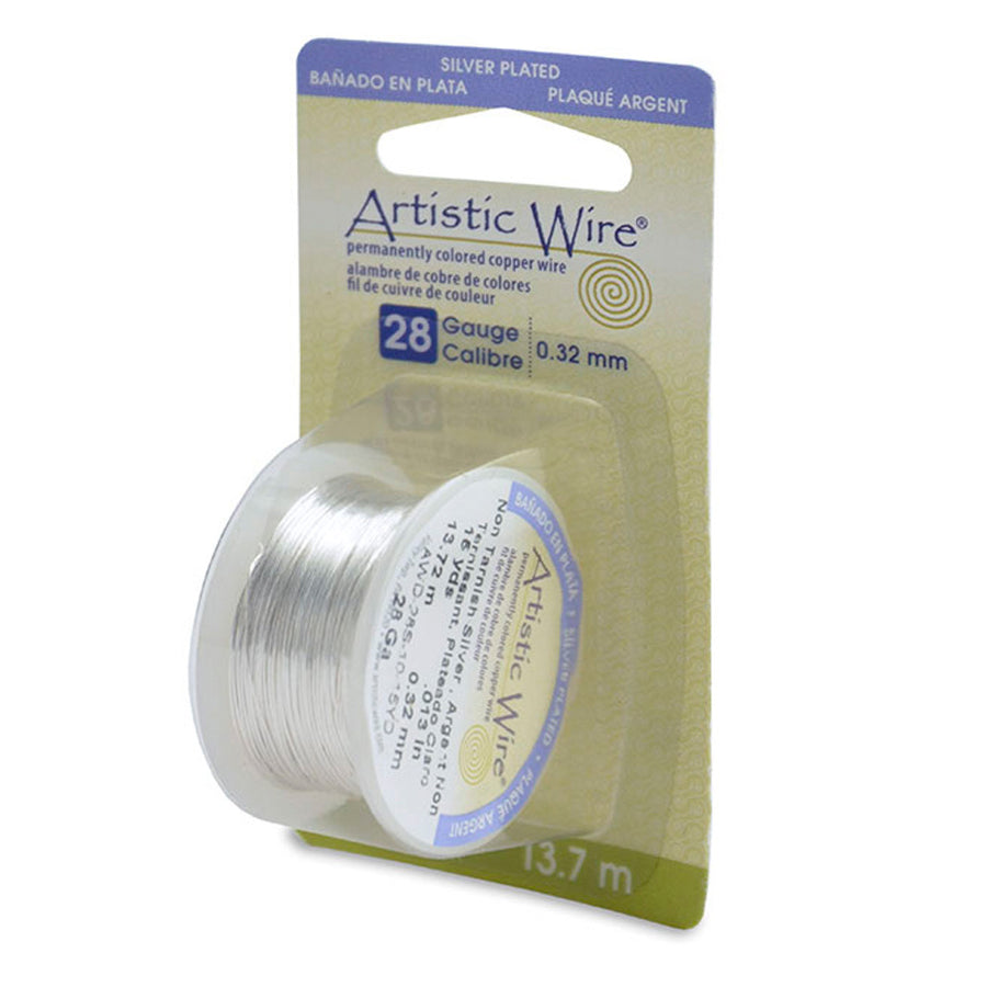 Tarnish Resistant Silver. Silver Plated Copper Craft Wire for DIY Jewelry Making and Wire Wrapping Projects.  Size: 28 Gauge (0.32mm) Silver Plated Copper Craft Wire, 15 yd/13.7m Length.  Color: Tarnish Resistant Silver  Material: Silver Plated Copper Wire, Silver Color. Tarnish Resistant.  Brand: Artistic Wire