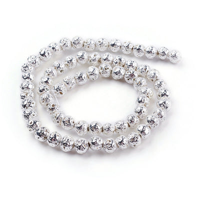 Electroplated Natural Lava Rock Bead Strands, Round, Bumpy, Silver Color. Semi-Precious Stone Beads for DIY Jewelry Making.   Size: 4-5mm Diameter, Hole: 1mm; approx. 89-92pcs/strand, 15 inches long.